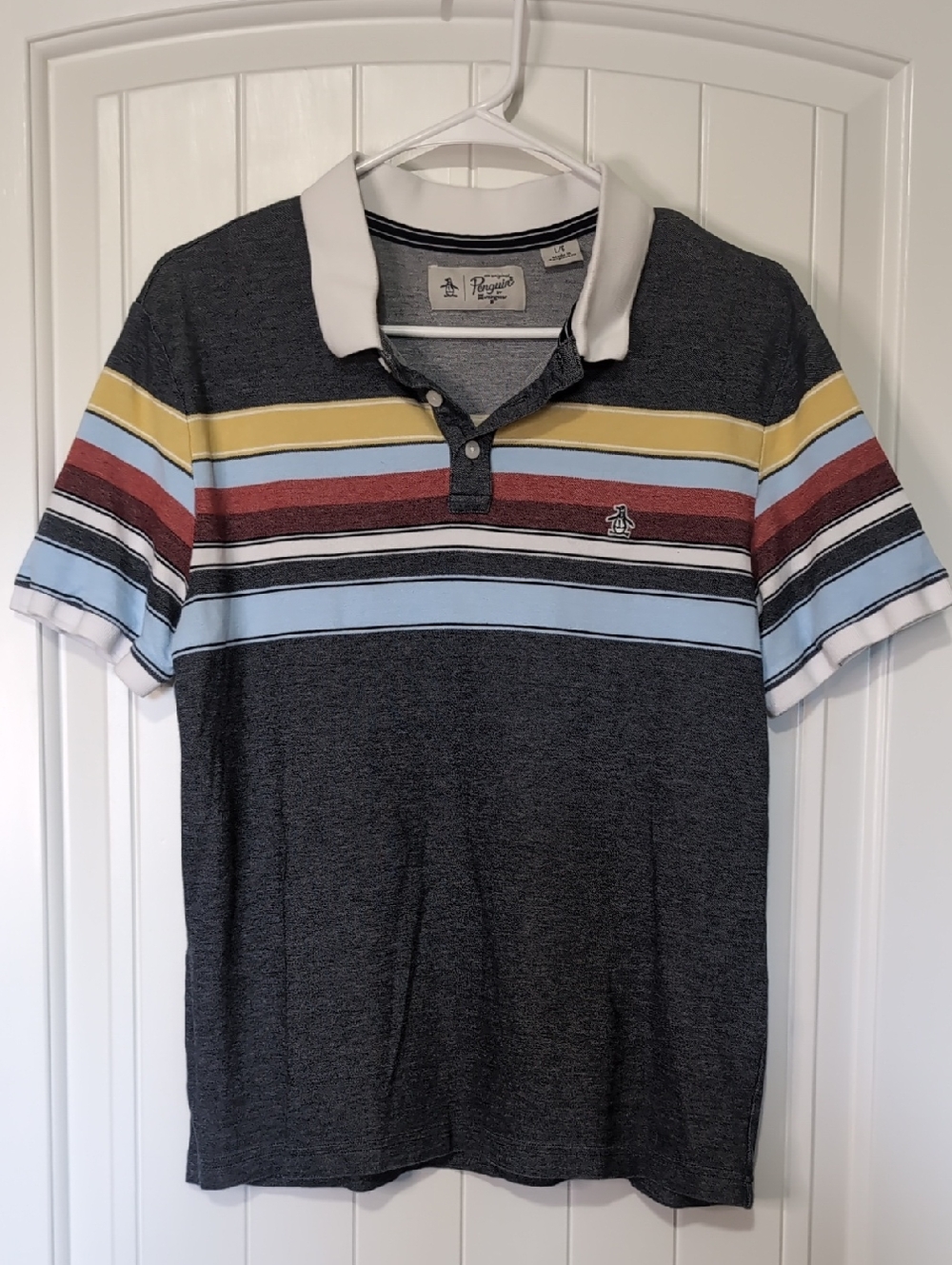 Original Penguin Men’s Charcoal Polo with Light Blue, Mustard & Red Stripes Larg